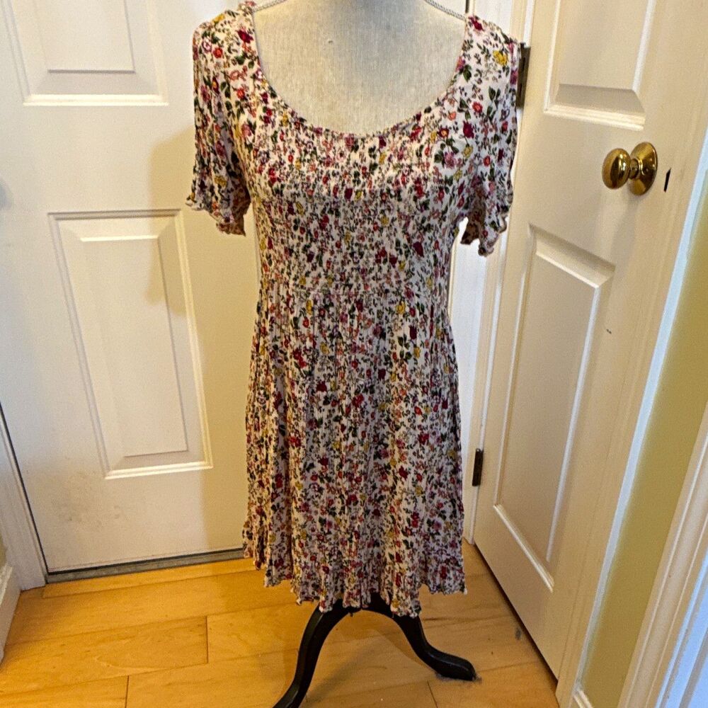 Patrons of Peace beige Floral Smocked Cut Out Square Neck ruffle Dress Rayon L
